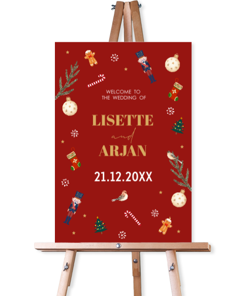Welkomstbord bruiloft rood Christmas Wedding figuurtjes