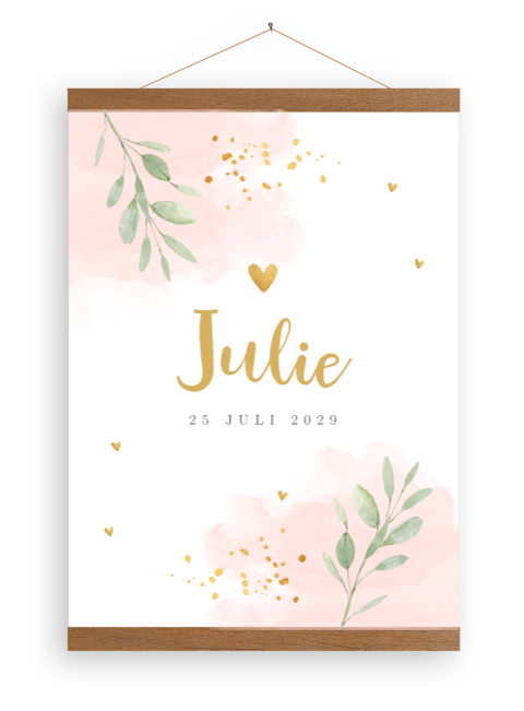 Canvasposter geboortekaartje floral roze watercolour | 30x40 cm