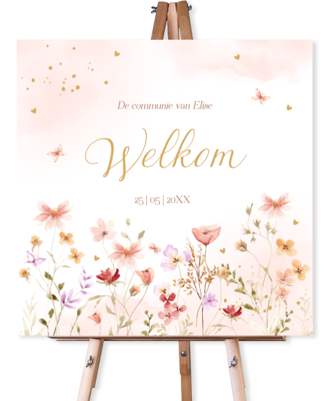 Welkomstbord communie meisje roze bloemen watercolor