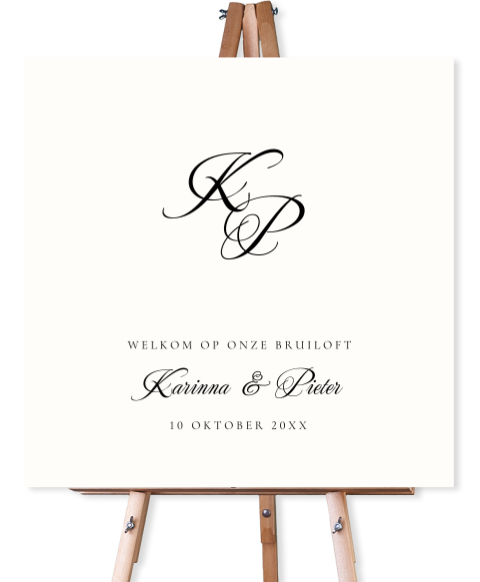 Bruiloftsbord wit initialen naam sierlijke letters