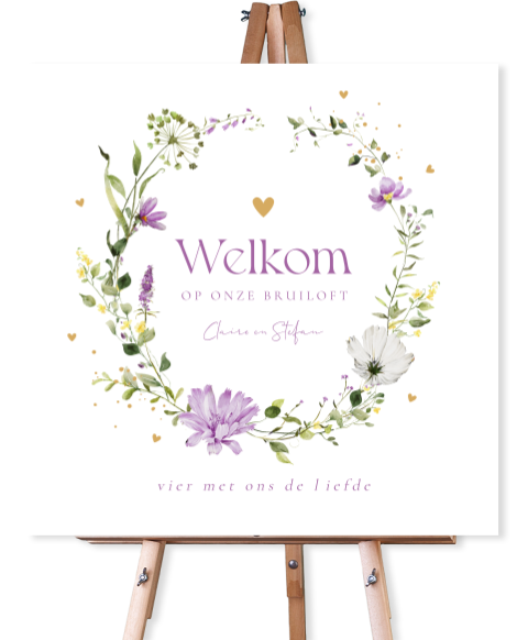 Welkomstbord wit bruiloft paars bloemenkrans