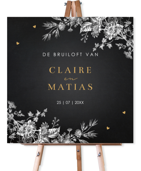 Welkomstbord bruiloft zwart botanisch bloemen wit