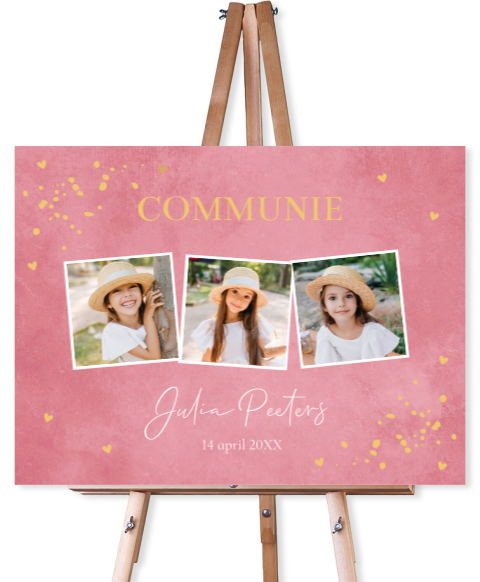 Welkomstbord communie meisje roze fotocollage