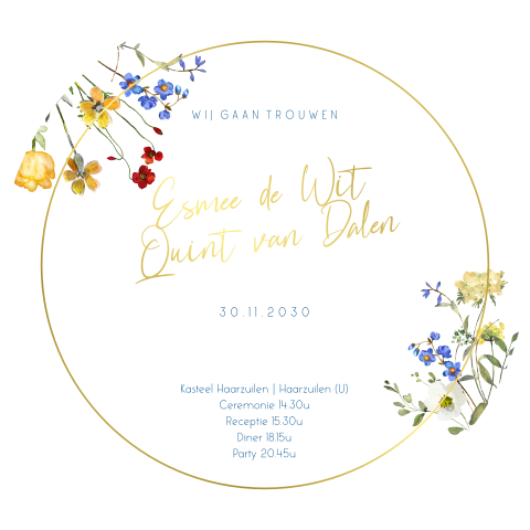Ronde trouwkaart met veld bloemen en goudfolie