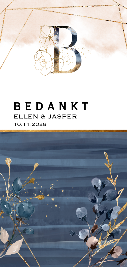 Navy blue watercolor foto bedanktkaart goud look kader bloem