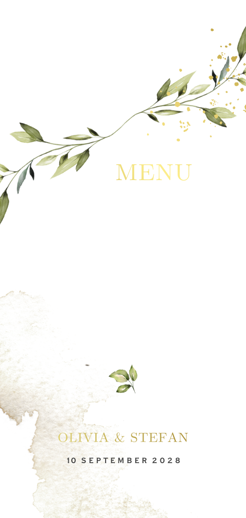 Dubbele menukaart eucalyptus blad watercolor  goudfolie