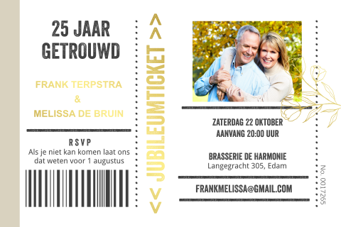 Jubileum 25 jaar getrouwd ticket stijl met goudfolie