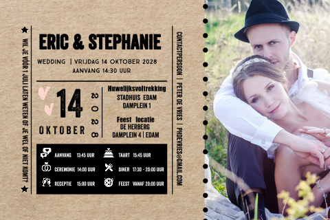 Foto ticket trouwkaart met kraft look zelf maken