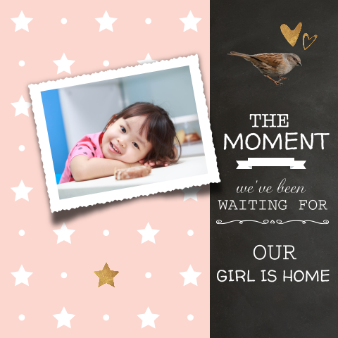 Modern adoptiekaartje meisje met krijtbord, ster en vogel