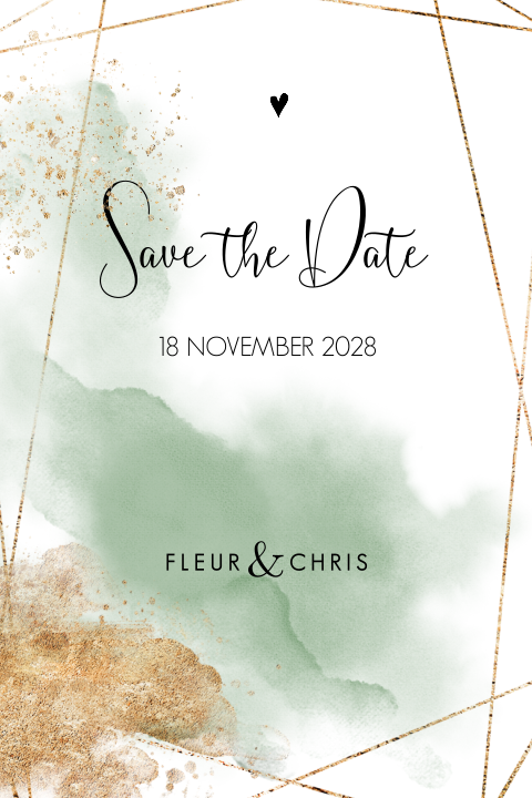 Save the date kaart watercolor groen en goud look kader