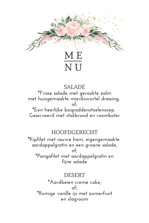 Summer Romance menukaart voor huwelijksdiner met roze bloemen