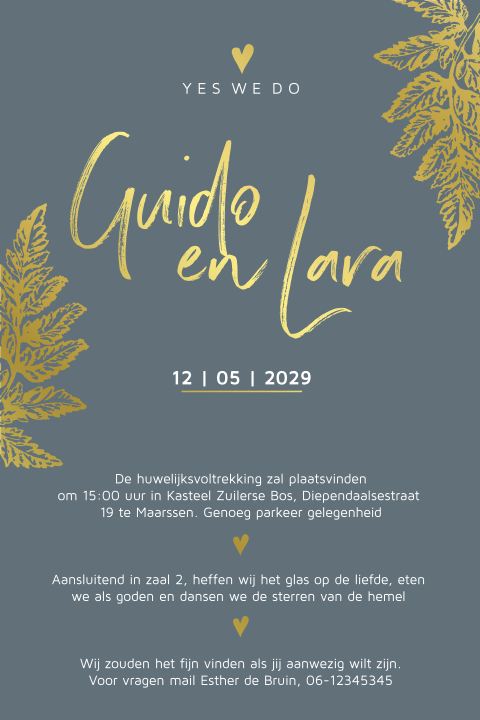 Hippe jungle blad trouwkaart met écht goudfolie