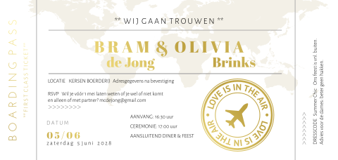 Langwerpige boarding pass trouwkaart foliedruk