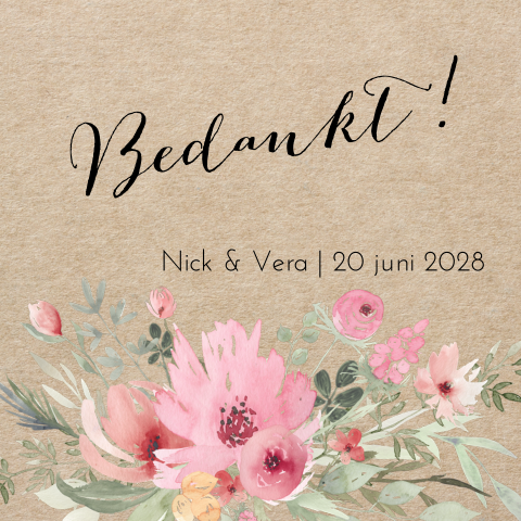 Klein bedankkaartje trouwen kraft look en bloemen