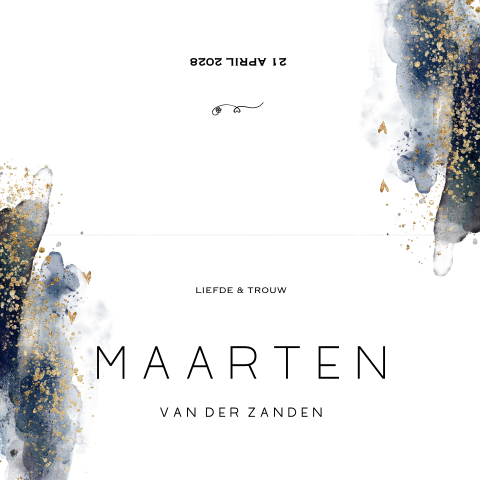 Naamkaart bruiloft navy blue watercolor vouw dubbel