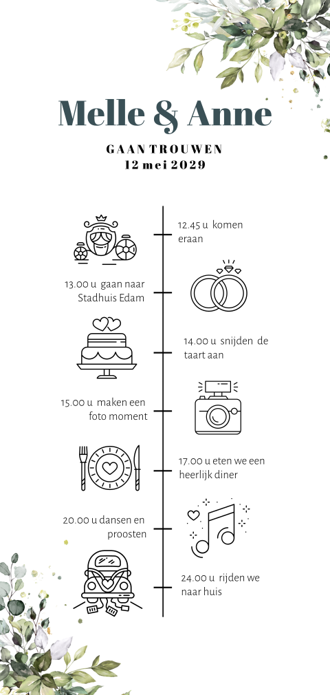 Langwerpige trouwkaart met tijdlijn