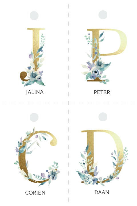 Dreamy Mountains DIY naamkaartje 4 gelijke delen initialen