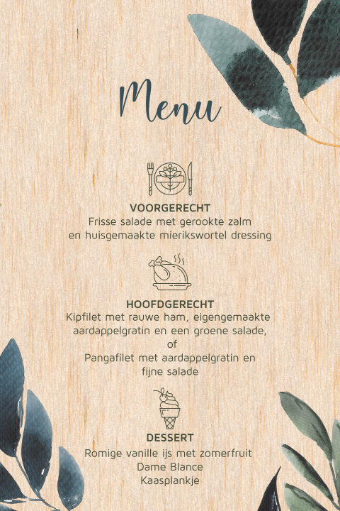 Botanisch chic menukaart op hout gedrukt aquarel met icoontjes