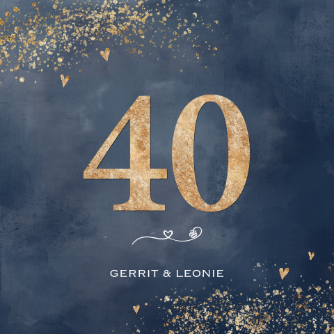 Donkerblauwe jubileumkaart 40 goudlook penseel spetters