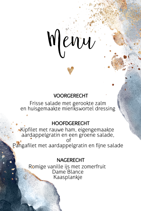 Enkele watewrcolor menukaart trouwen met goudlook snippers