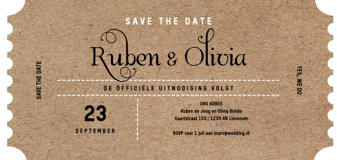 Save the date kaart in ticket vorm gestanst stans