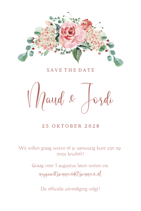 Bohemian terra save the date kaart blad en rozen boeket