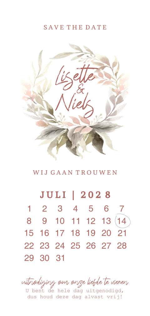 Romantische save the date kaart bladkrans met wissel kalender