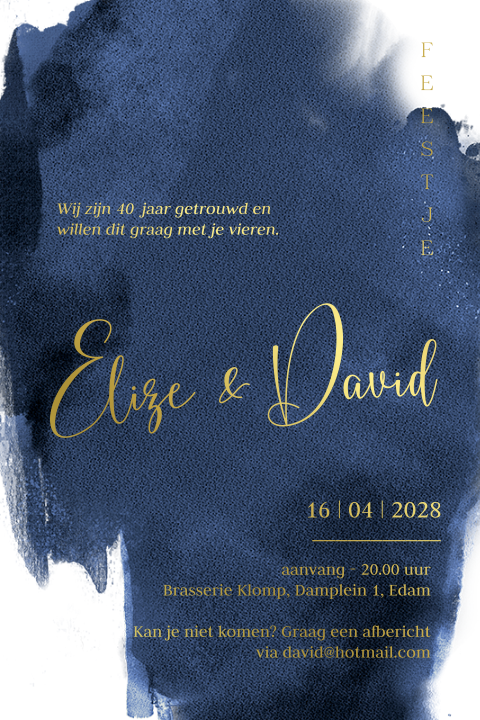 Uitnodiging 40 jaar getrouwd navy blue watercolor folie