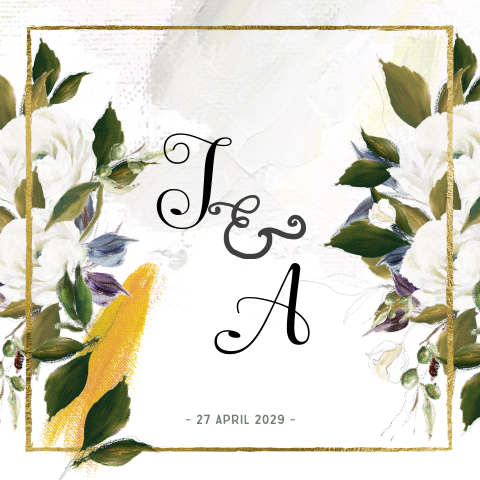 Stijlvolle trouwkaart goudfolie kader en olieverf bloemen