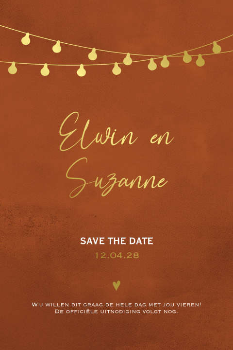 Save the date trouwkaart festival lampjes velvet goudfolie druk