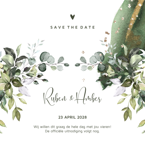 Green verf streep eucalyptus bladeren boeket save the date kaart