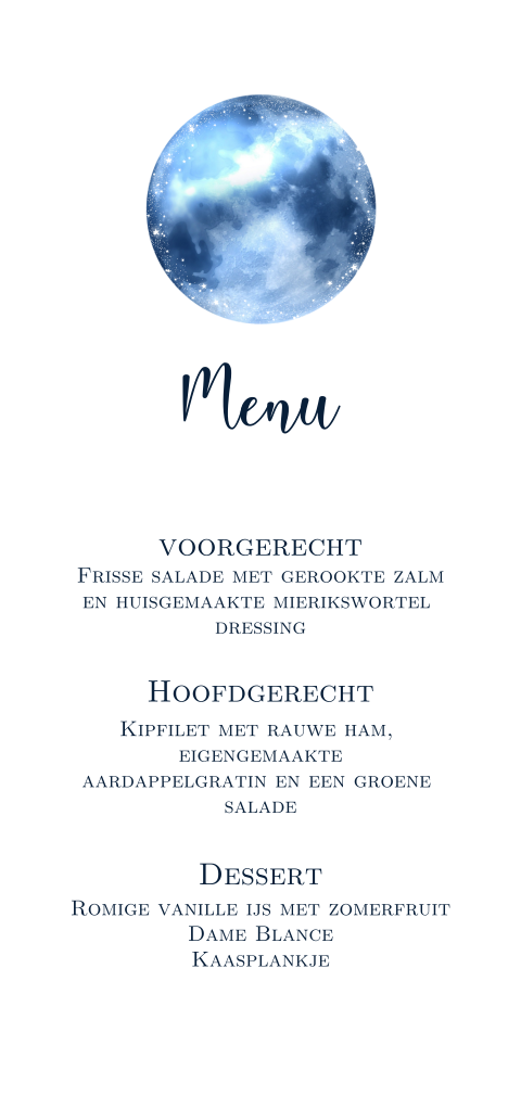Starry night menukaart maan sterrenhemel donkerblauw