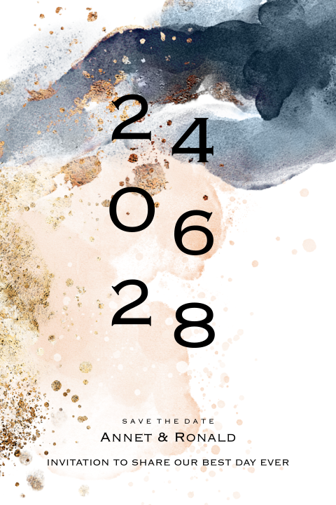 Navy bleu watercolor save the date kaart goudpoeder look