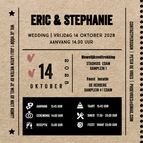 Ticket trouwkaart met kraft look zelf maken