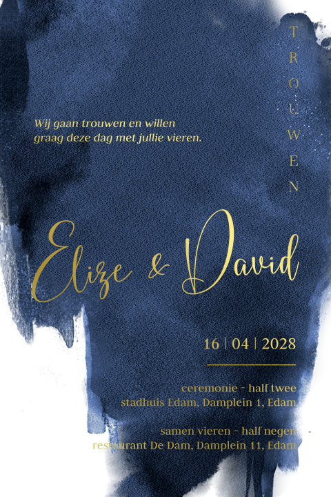 Chique blauwe watercolor streep trouwkaart folie