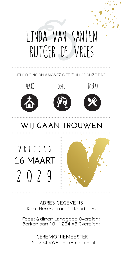 Uniek staande trouwkaart goudfolie druk hart en icons