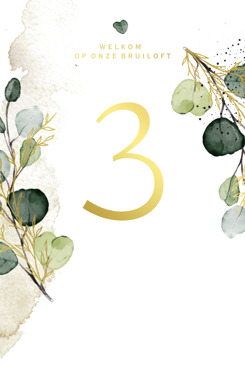 Eucalyptus watercolor leaves tafelnummer trouwkaart goudfolie