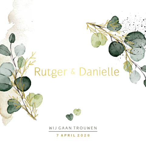 Eucalyptus watercolor leaves trouwkaart met goudfoliedruk