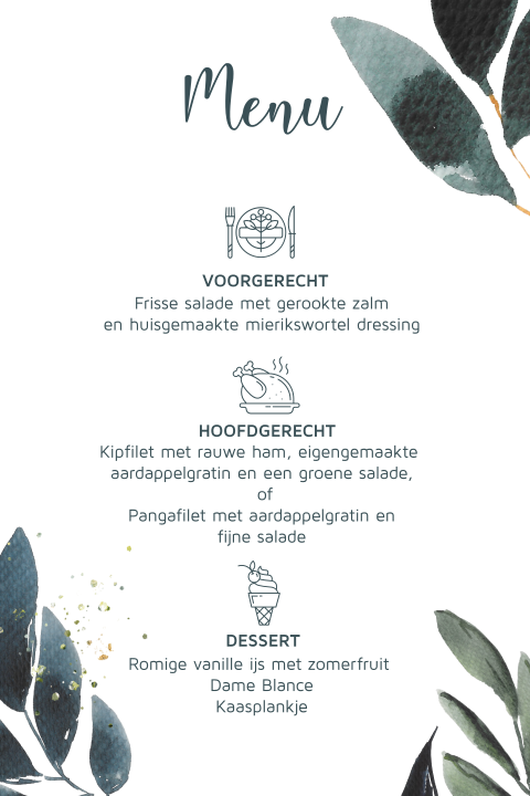 Botanisch rustige menukaart aquarel met icoontjes