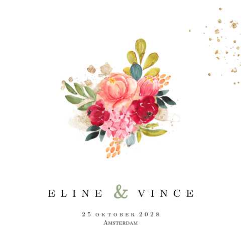 Forest Queen bloemen boeket trouwkaart goudlook