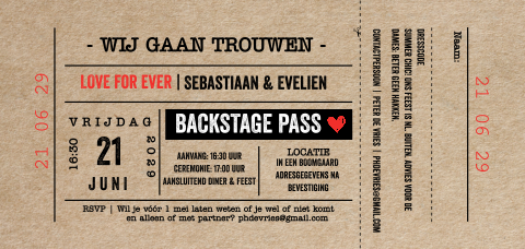 Liggende ticket trouwkaart op kraft look zelf maken