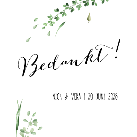 Botanisch bedankkaartje na huwelijk met bladgroen en eigen foto