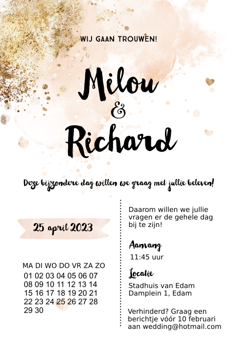 Hippe trouwkaart met kalender, roze watercolor en goudlook
