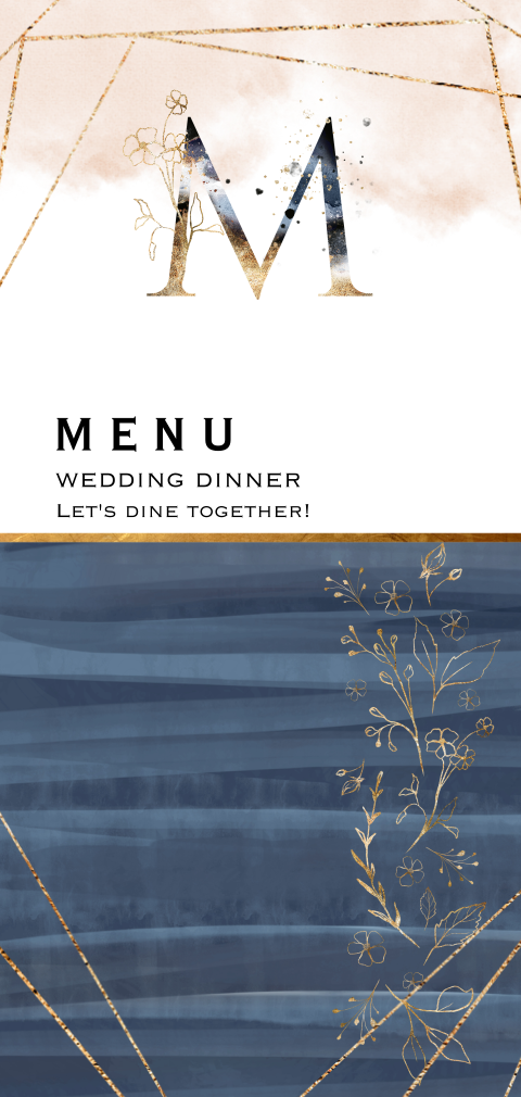 Navy blue watercolor menukaart goud look kader bloem