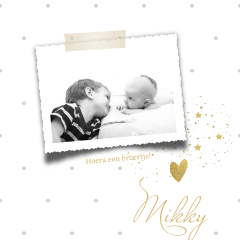 Uniek foto stippen geboortekaartje broertje met stippen
