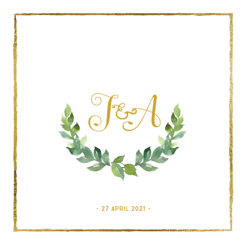 Stijlvolle trouwkaart goudfolie kader en eucalyptus plant