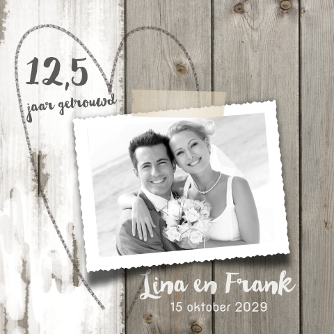 Unieke foto 12,5 jarig huwelijks jubileumkaart hout
