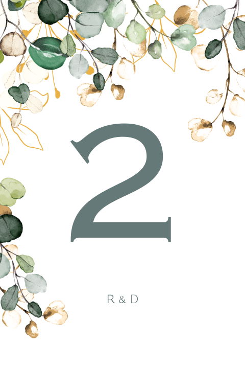 Eucalyptus watercolor leaves tafelnummer trouwkaart