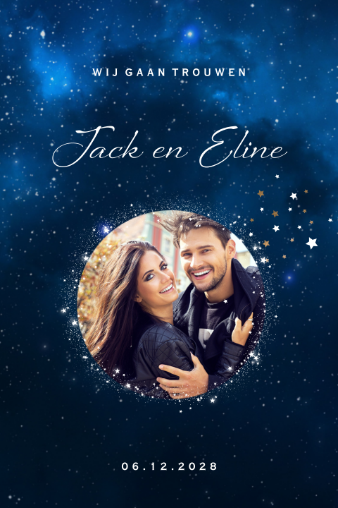 Midnight save the date kaart met donkerblauwe sterrenhemel