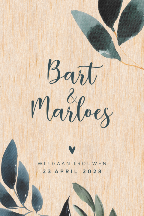 Botanisch chic trouwkaart hout aquarel met icoontjes